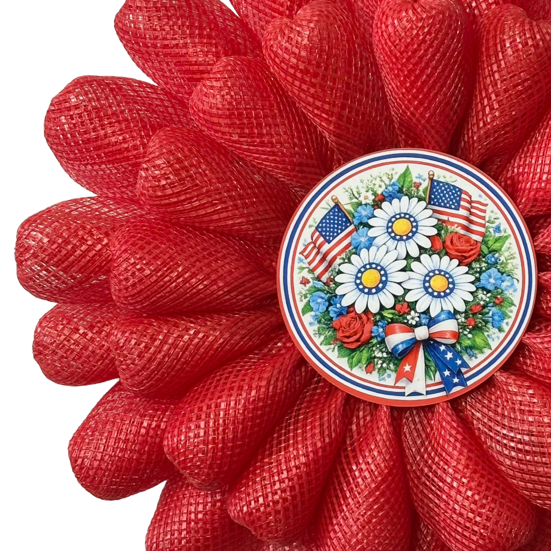 Potted red daisy flower wreath with US flags and flowers metal wreath sign center 