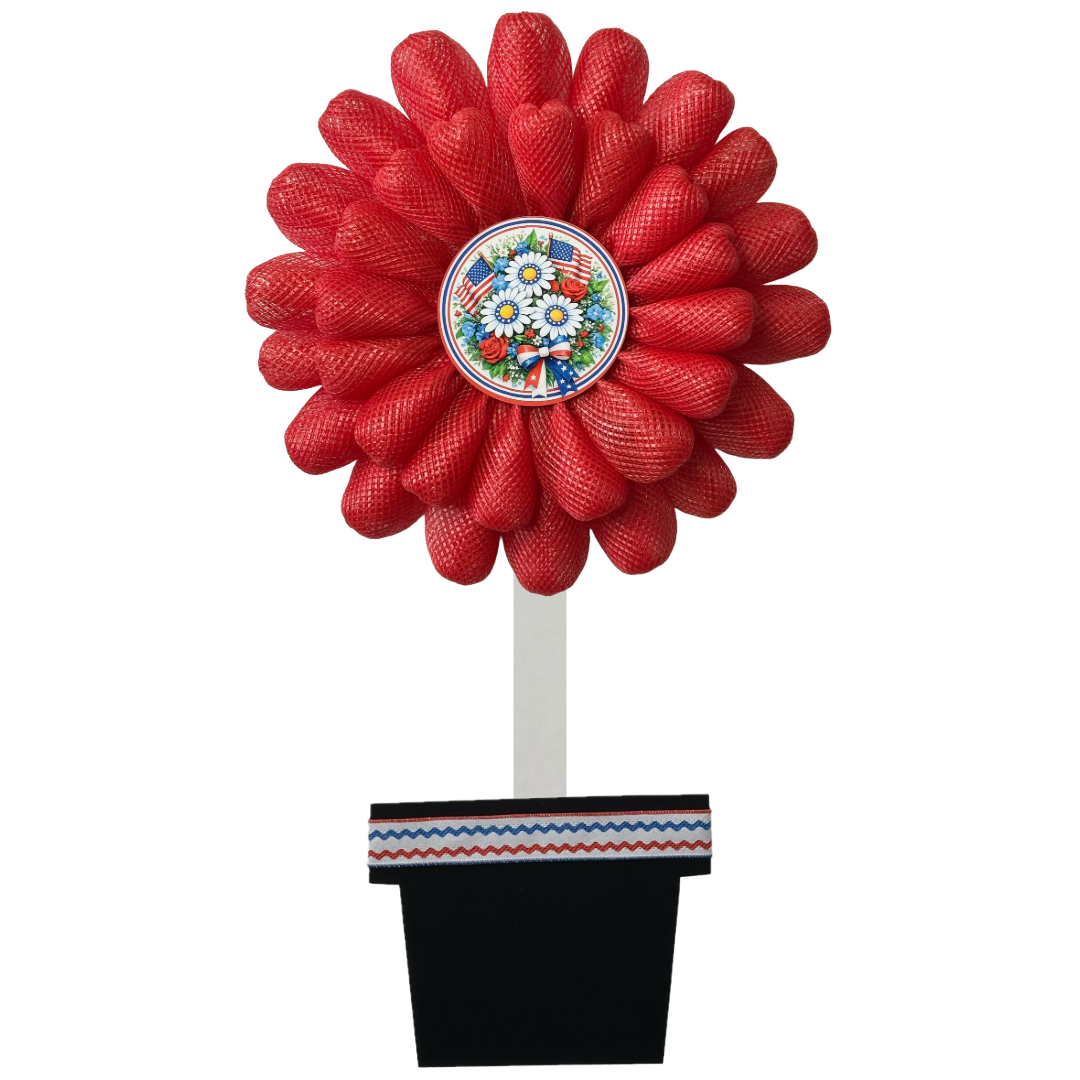 Potted red daisy flower wreath with US flags and flowers metal wreath sign center 
