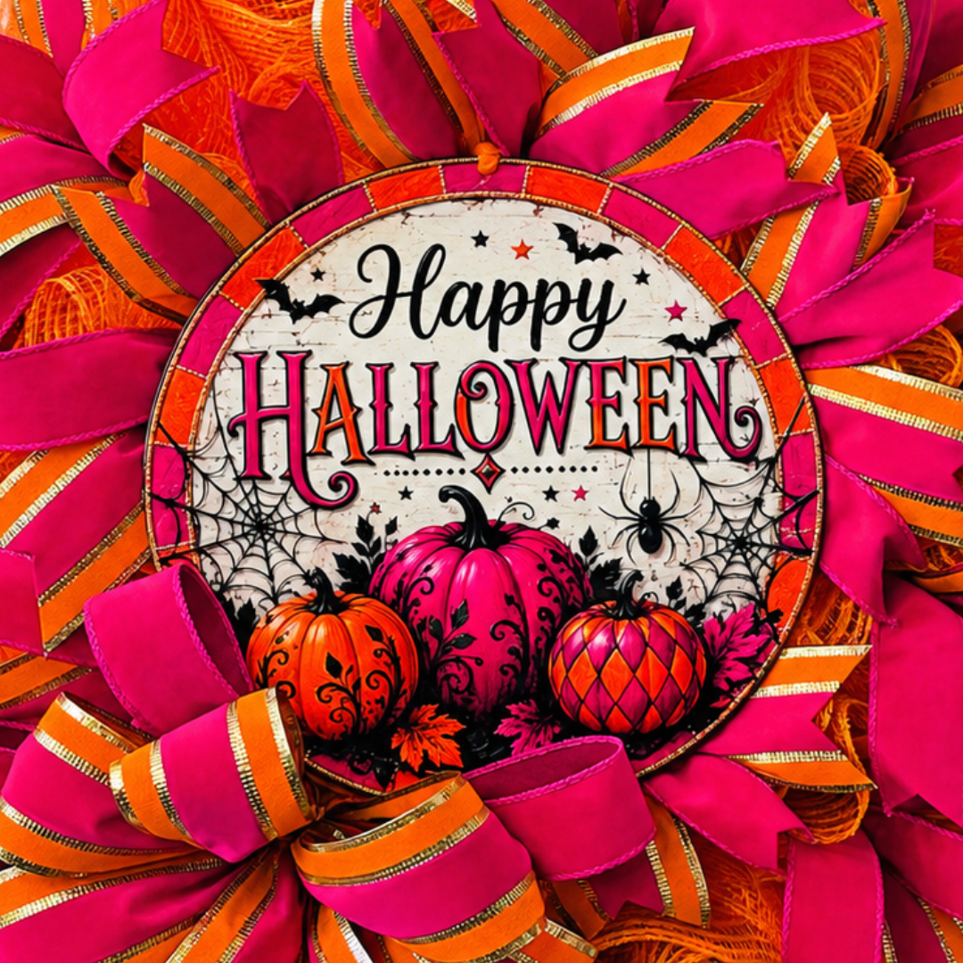 Fuchsia and orange deco mesh and ribbon "Happy Halloween" Wreath featuring a pumpkin themed center by Monkey's Creations. 