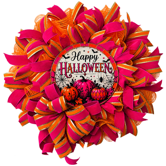 Fuchsia and orange deco mesh and ribbon "Happy Halloween" Wreath featuring a pumpkin themed center by Monkey's Creations. 