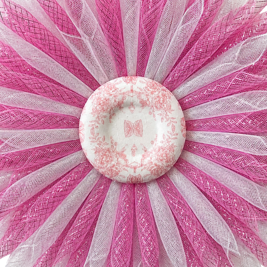 Decorative flower wreath with pink and white deco mesh and floral chinoiserie center 