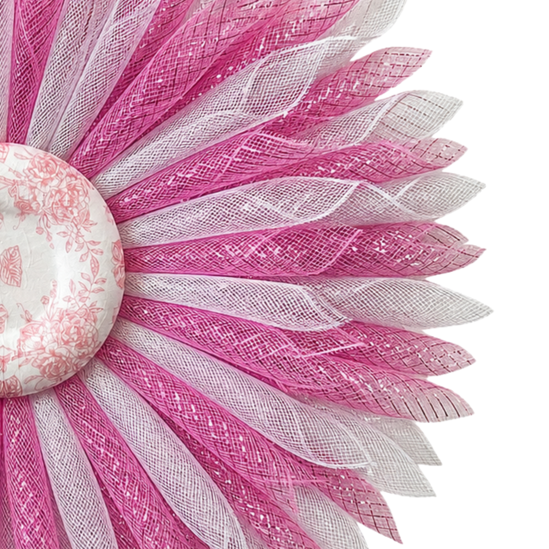 Decorative flower wreath with pink and white deco mesh and floral chinoiserie center 
