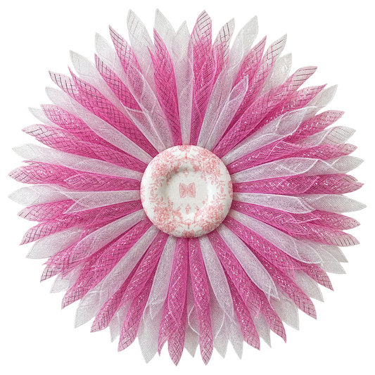 Decorative flower wreath with pink and white deco mesh and floral chinoiserie center 