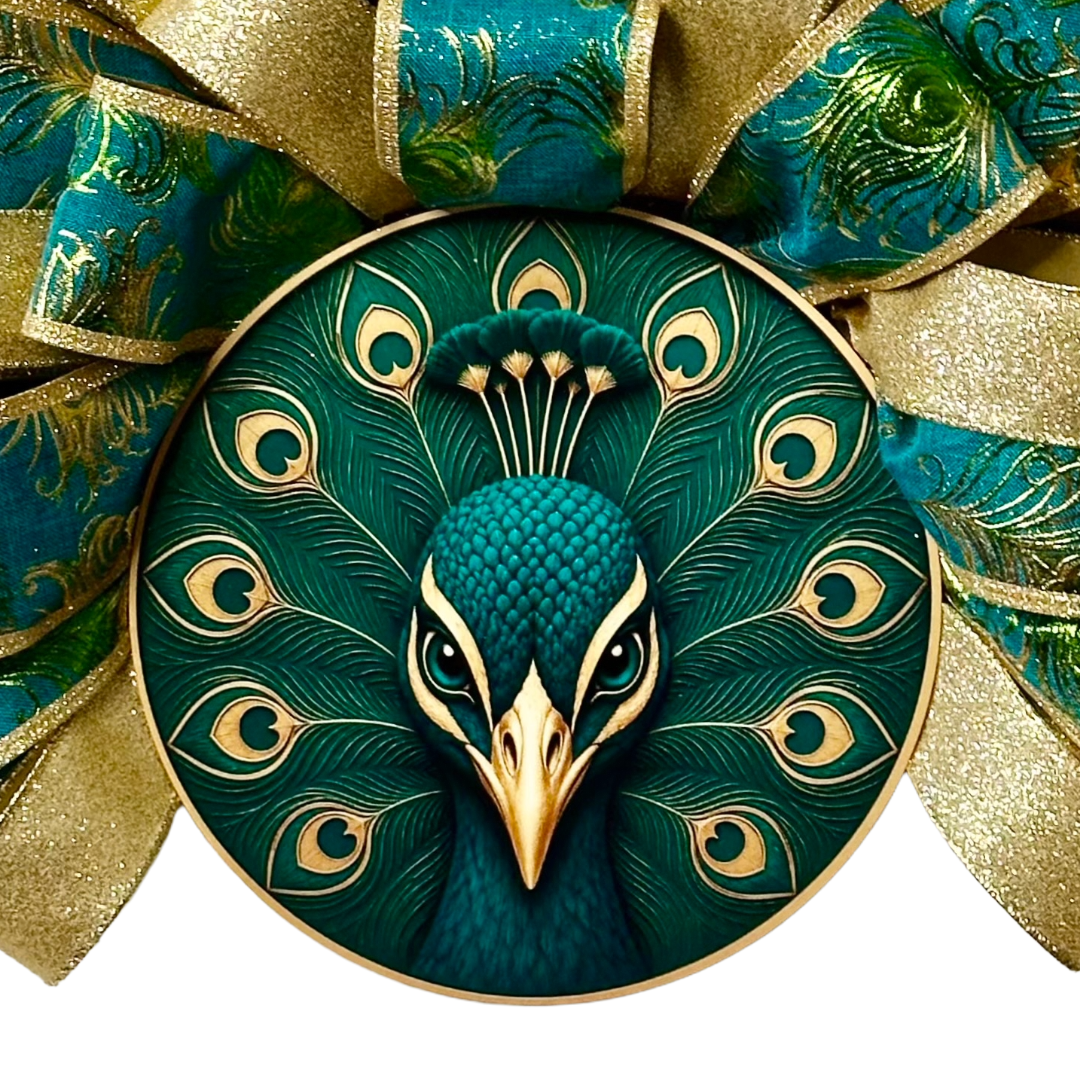 Ribbon wreath with peacock design wreath sign designed by Monkey's Creations.