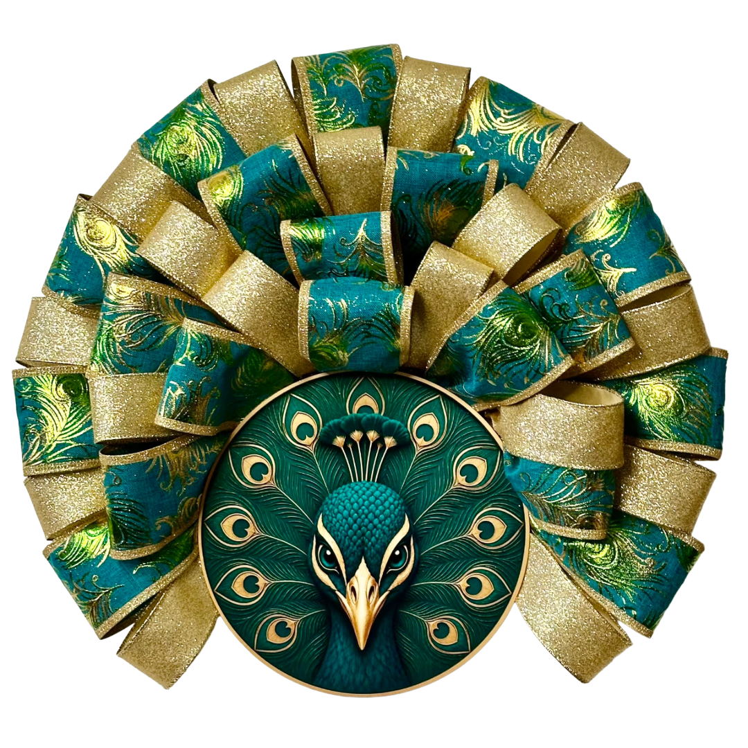 Ribbon wreath with peacock design wreath sign designed by Monkey's Creations.