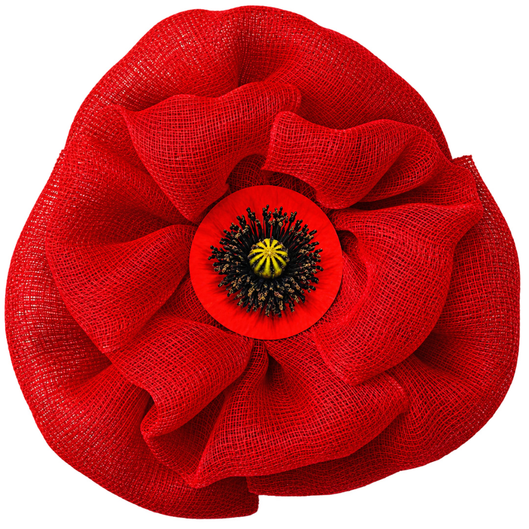 Red deco mesh poppy flower with a realistic flower center for Veteran's Day and Remembrance Day by Monkey's Creations. 