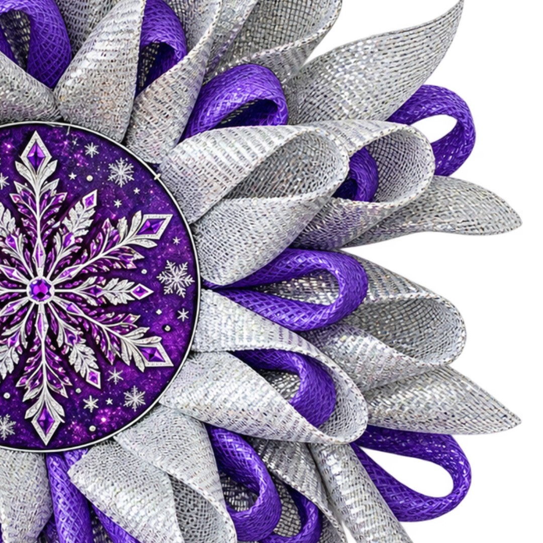 Deco mesh snowflake flower wreath by Monkey's Creations featuring purple and all foil silver deco mesh with an 8" ornate purple and silver snowflake metal wreath sign center. 