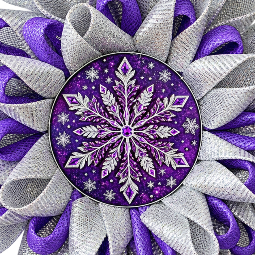 Deco mesh snowflake flower wreath by Monkey's Creations featuring purple and all foil silver deco mesh with an 8" ornate purple and silver snowflake metal wreath sign center. 