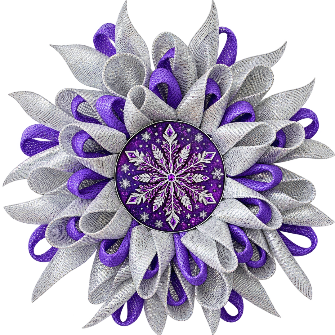 Deco mesh snowflake flower wreath by Monkey's Creations featuring purple and all foil silver deco mesh with an 8" ornate purple and silver snowflake metal wreath sign center. 