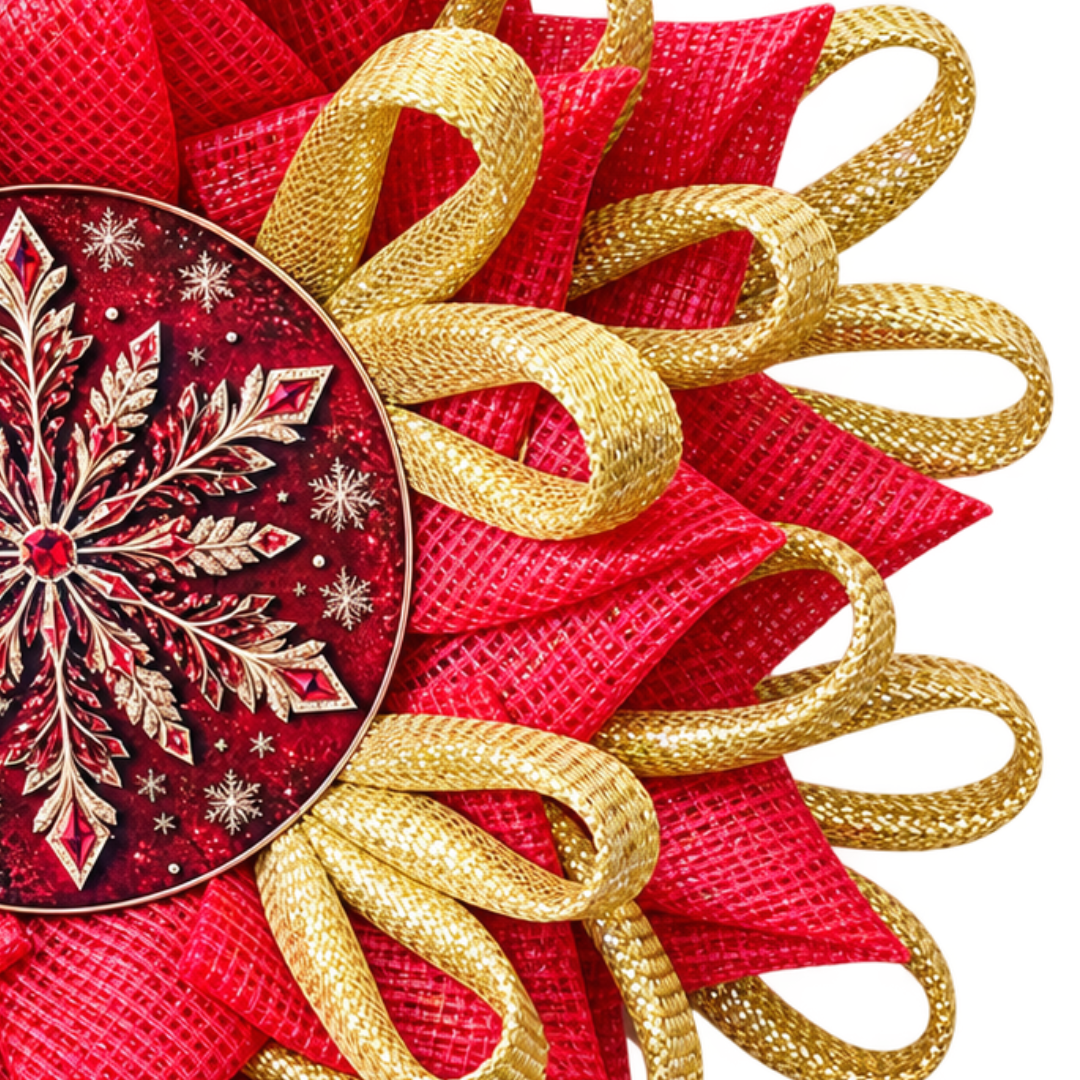 Deco mesh snowflake flower wreath by Monkey's Creations featuring red and all foil gold deco mesh with an 8" ornate red and gold snowflake metal wreath sign center. 