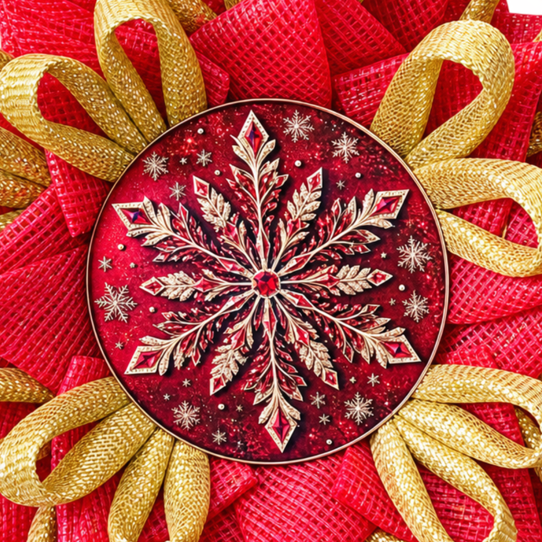Deco mesh snowflake flower wreath by Monkey's Creations featuring red and all foil gold deco mesh with an 8" ornate red and gold snowflake metal wreath sign center. 