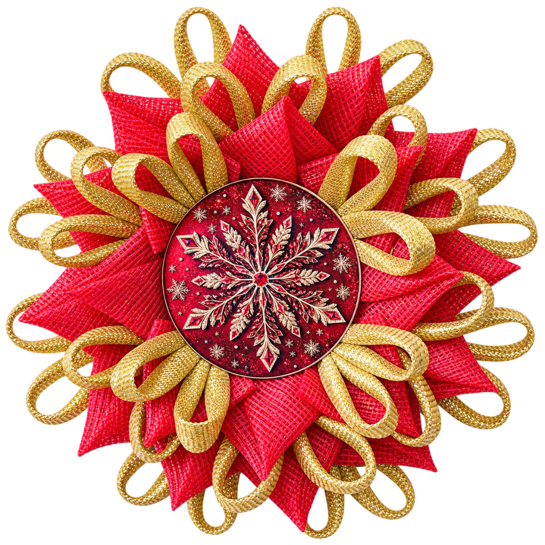 Deco mesh snowflake flower wreath by Monkey's Creations featuring red and all foil gold deco mesh with an 8" ornate red and gold snowflake metal wreath sign center. 