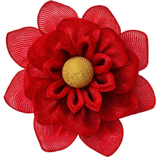 Red deco mesh magnolia flower wreath with a golden yellow rope center by Monkey's Creations. 