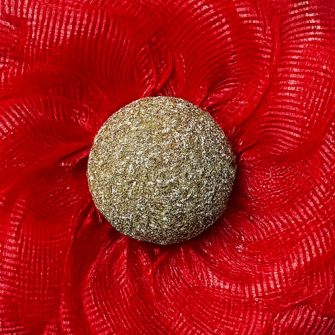 Red deco mesh poinsettia flower wreath with a gold flower center made by Monkey's Creations. 