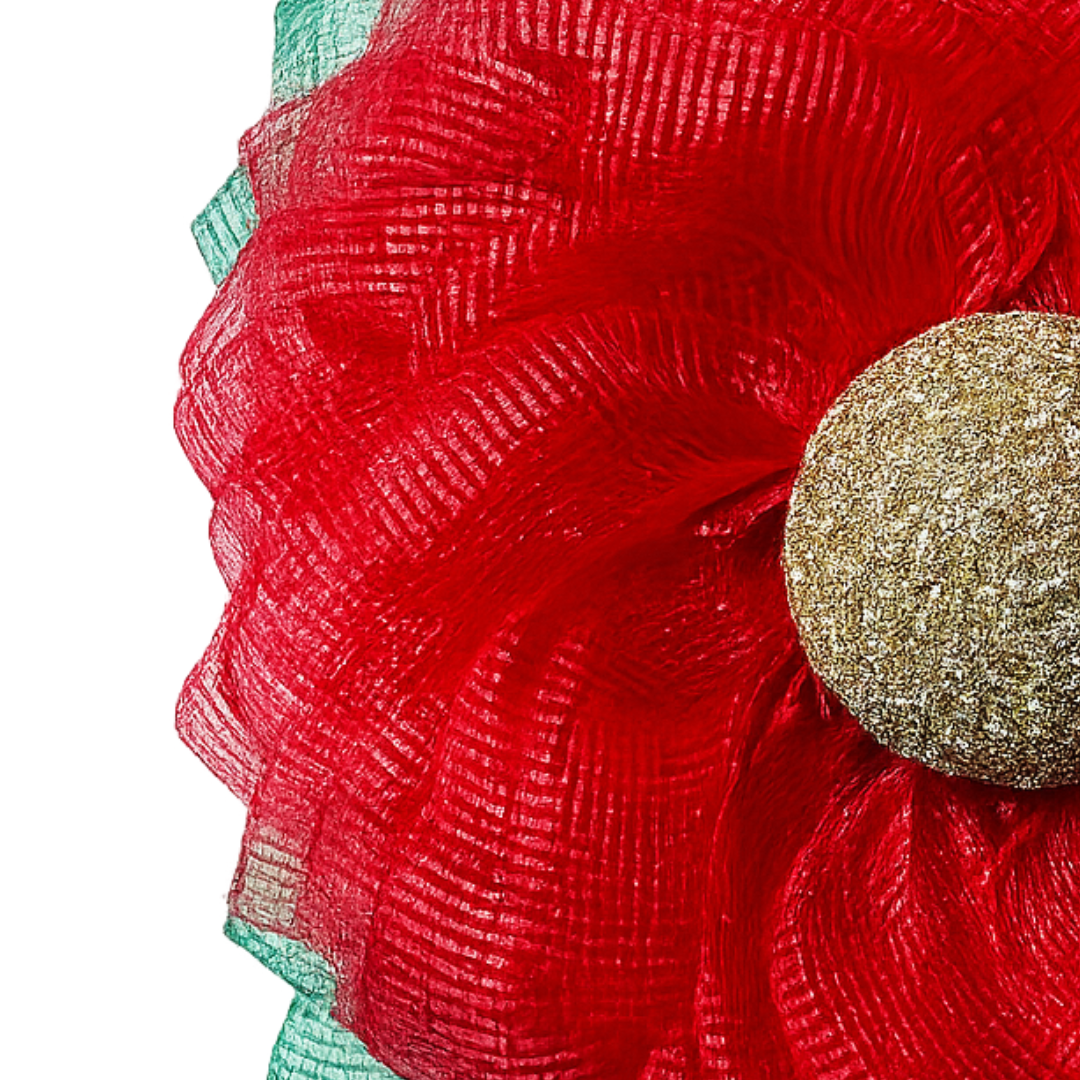 Red deco mesh poinsettia flower wreath with a gold flower center made by Monkey's Creations. 