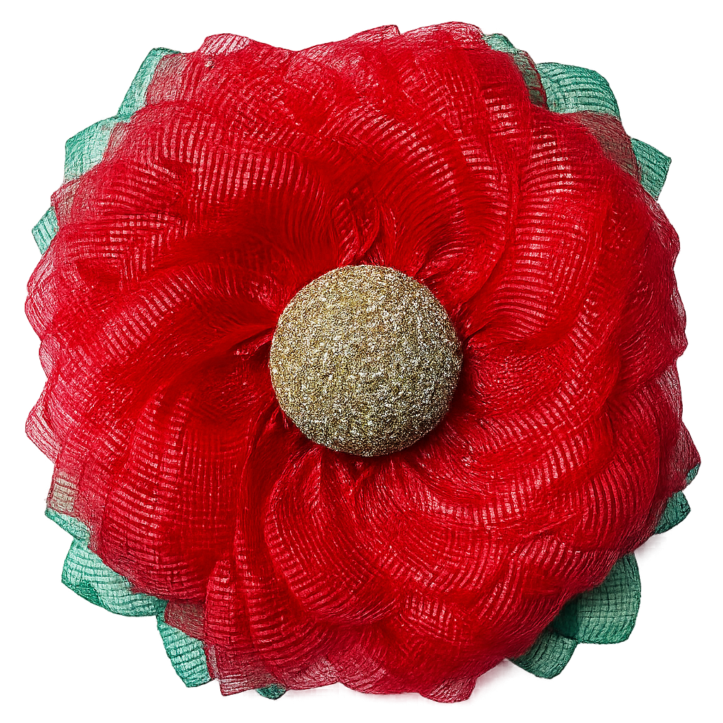 Red deco mesh poinsettia flower wreath with a gold flower center made by Monkey's Creations. 
