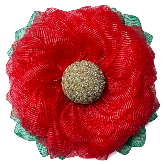 Red deco mesh poinsettia flower wreath with a gold flower center made by Monkey's Creations. 