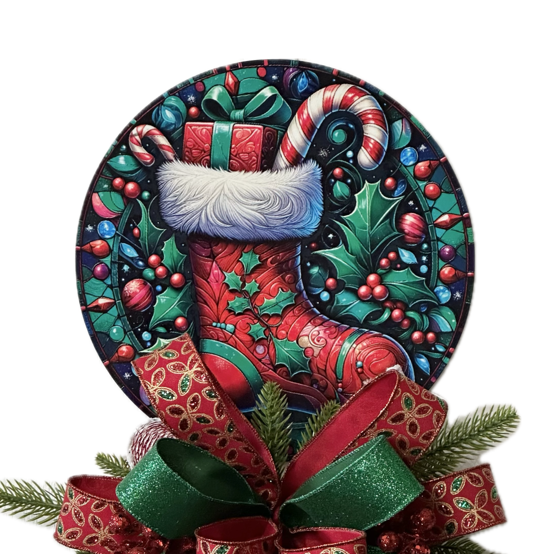 A festive Christmas wreath decoration featuring a red stocking metal wreath sign with candy canes, holly and berries, accented with a large red and green bow, faux glitter berries and faux pine branches by Monkey's Creations. 