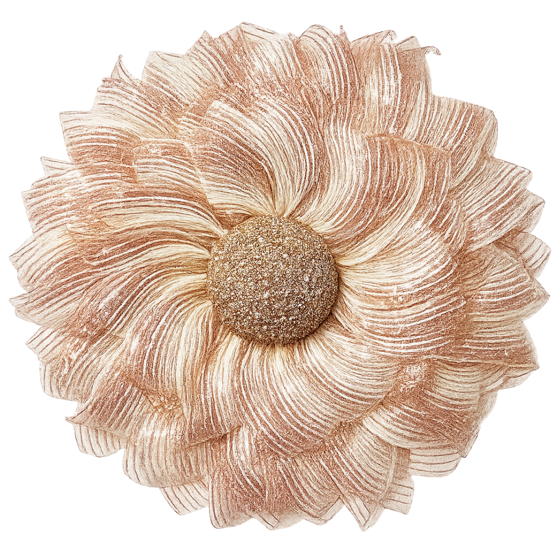 A large rose gold deco mesh flower wreath with layered petals in a rose gold tone, surrounding a glittery gold center by Monkey's Creations. 