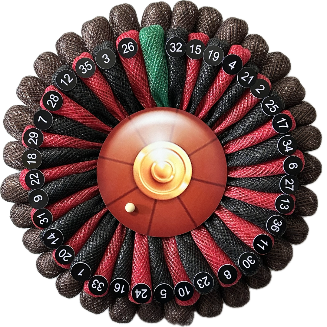 Wreath depicting a roulette wheel with numbers and a ball