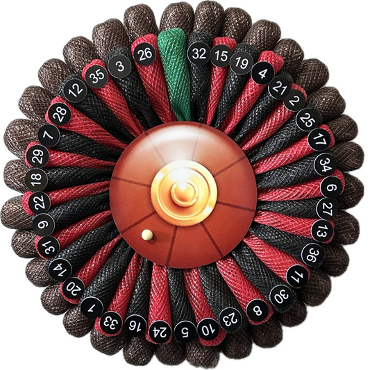 Wreath depicting a roulette wheel with numbers and a ball
