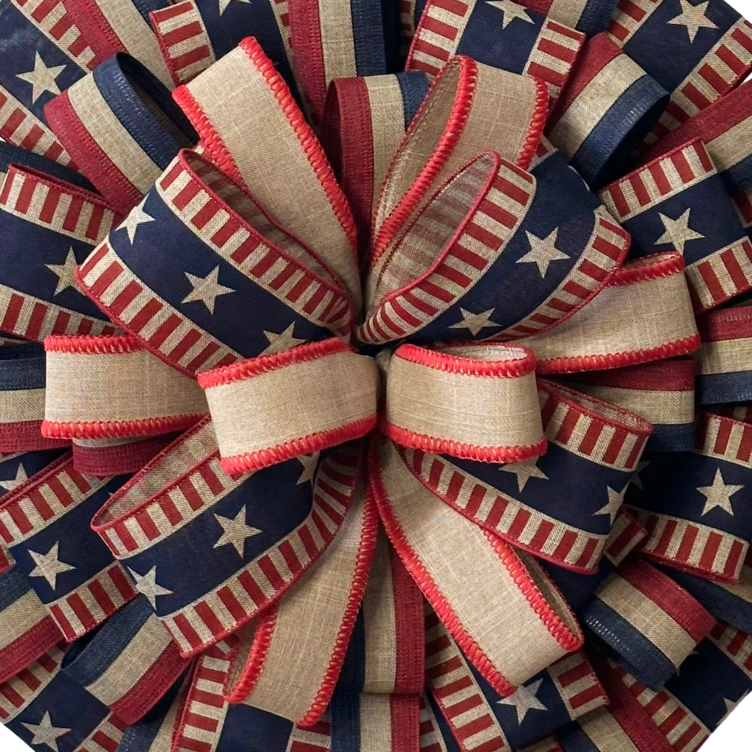 Patriotic ribbon wreath featuring classic rustic red white and blue and stars and stripes by Monkey's Creations