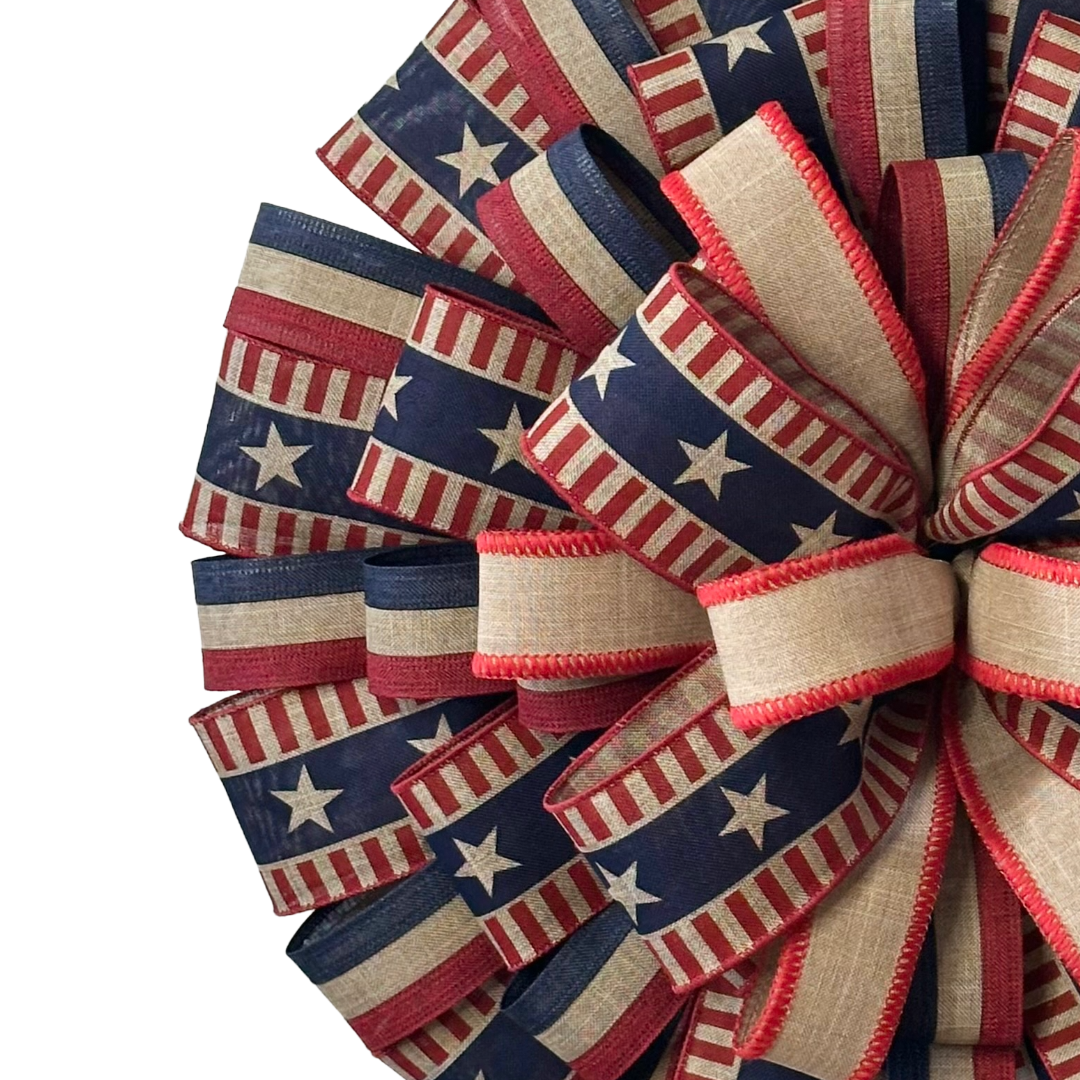Patriotic ribbon wreath featuring classic rustic red white and blue and stars and stripes by Monkey's Creations