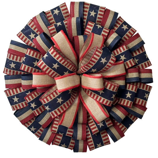 Patriotic ribbon wreath featuring classic rustic red white and blue and stars and stripes by Monkey's Creations