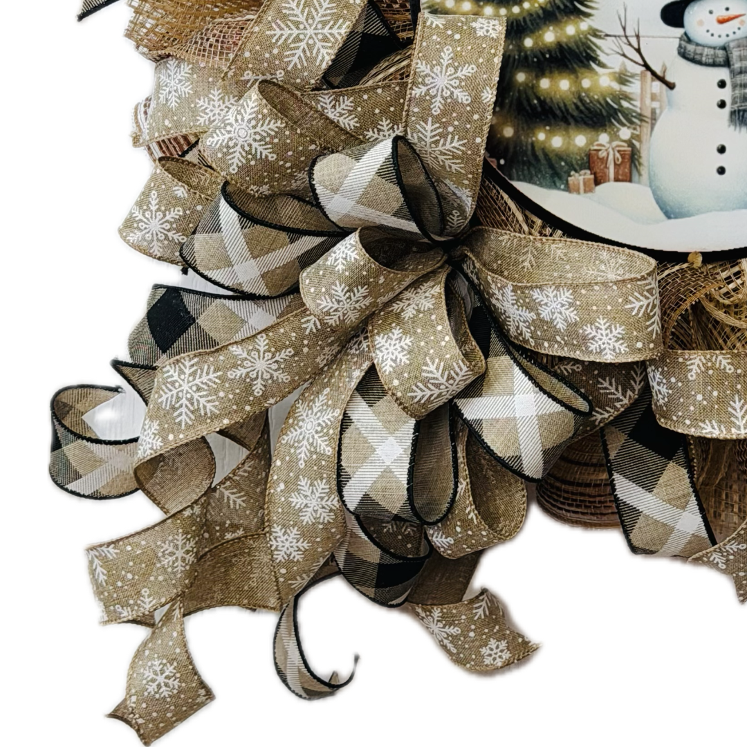 Neutral and rustic deco mesh and ribbon "welcome friends" snowman wreath by Monkey's Creations. 