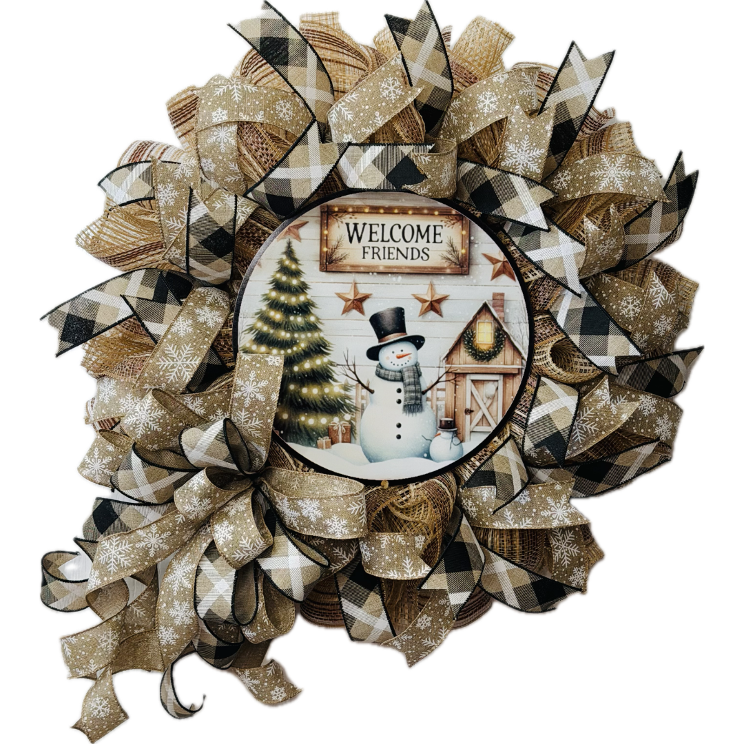 Neutral and rustic deco mesh and ribbon "welcome friends" snowman wreath by Monkey's Creations. 