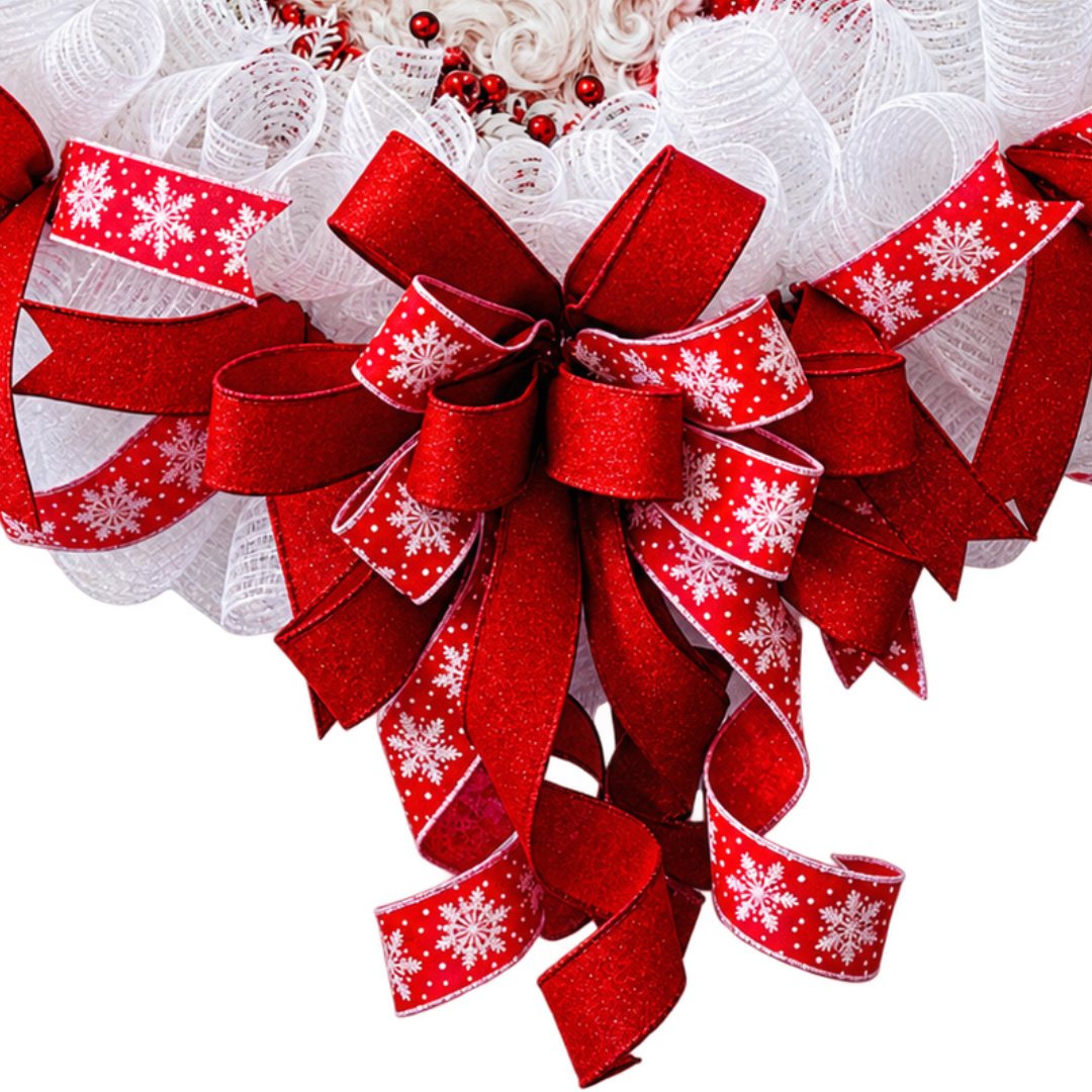 Deco mesh and ribbon rail by Monkey's Creations featuring a classic Santa center i red and white.