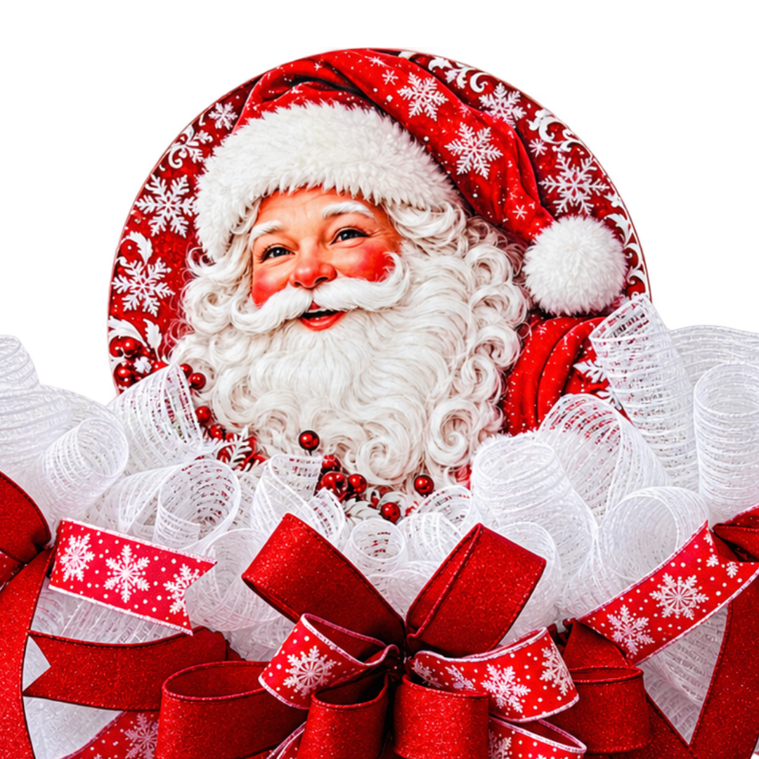 Deco mesh and ribbon rail by Monkey's Creations featuring a classic Santa center i red and white.