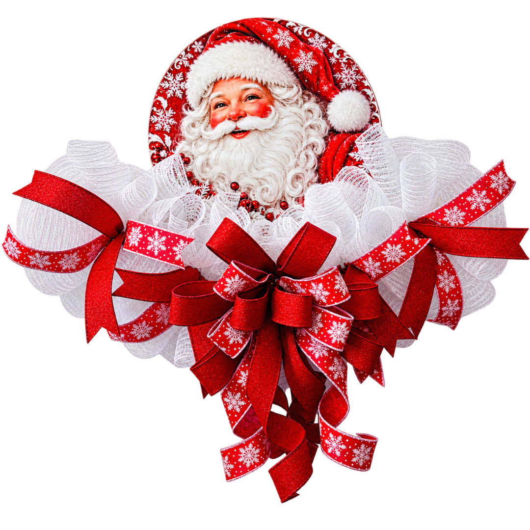 Deco mesh and ribbon rail by Monkey's Creations featuring a classic Santa center i red and white.
