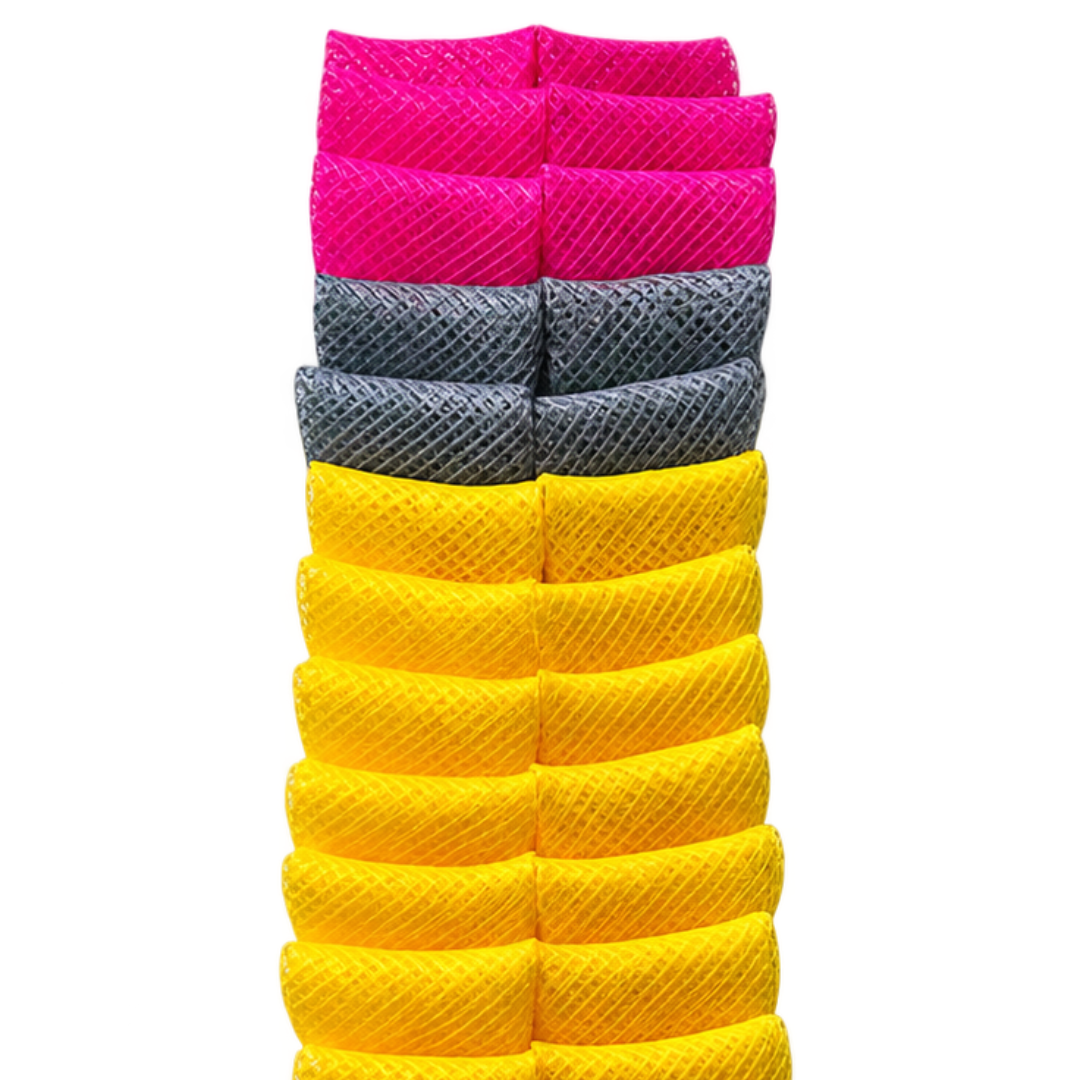 A whimsical yellow, grey and pink deco mesh pencil wreath accented with a black felt tip by Monkey's Creations. 