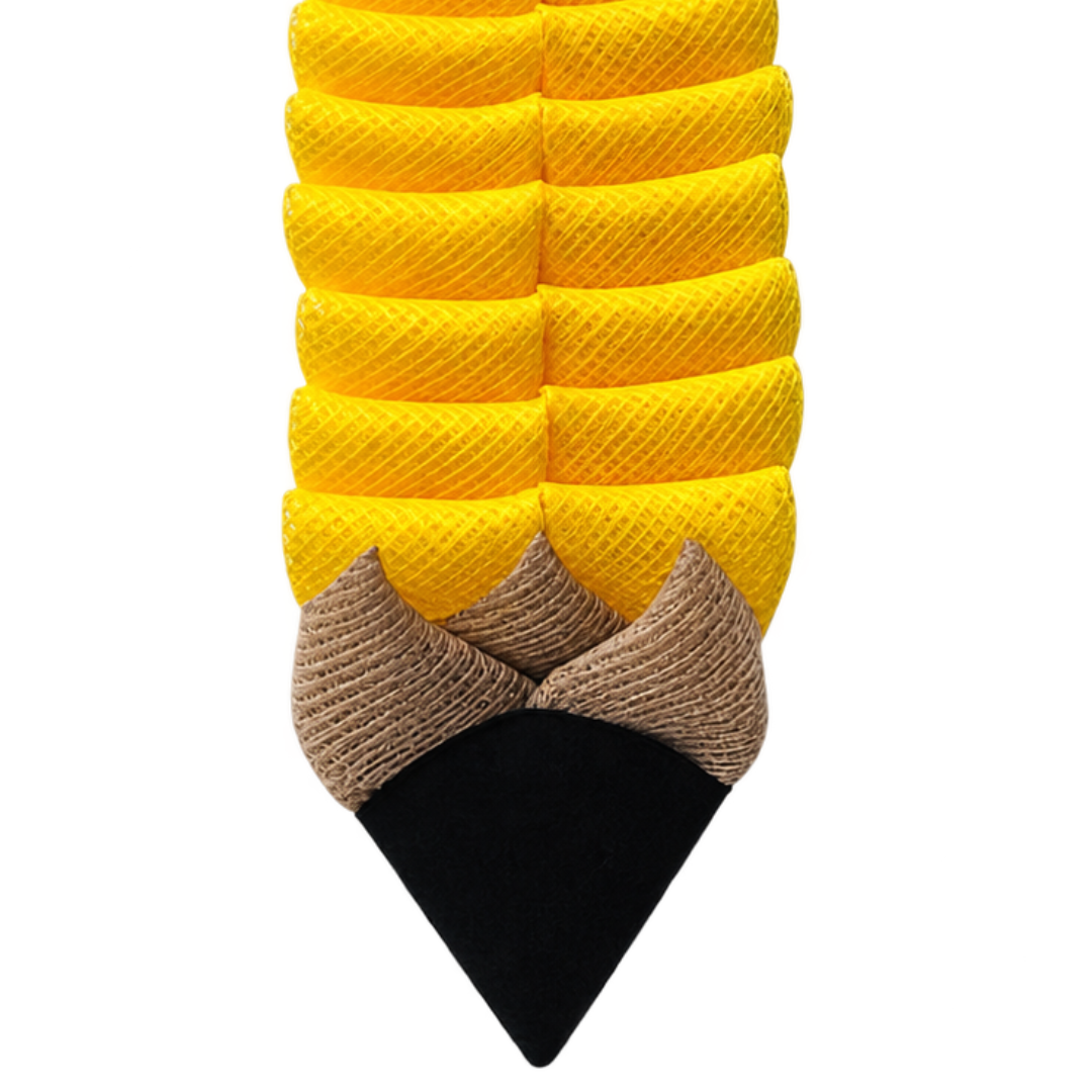 A whimsical yellow, grey and pink deco mesh pencil wreath accented with a black felt tip by Monkey's Creations. 
