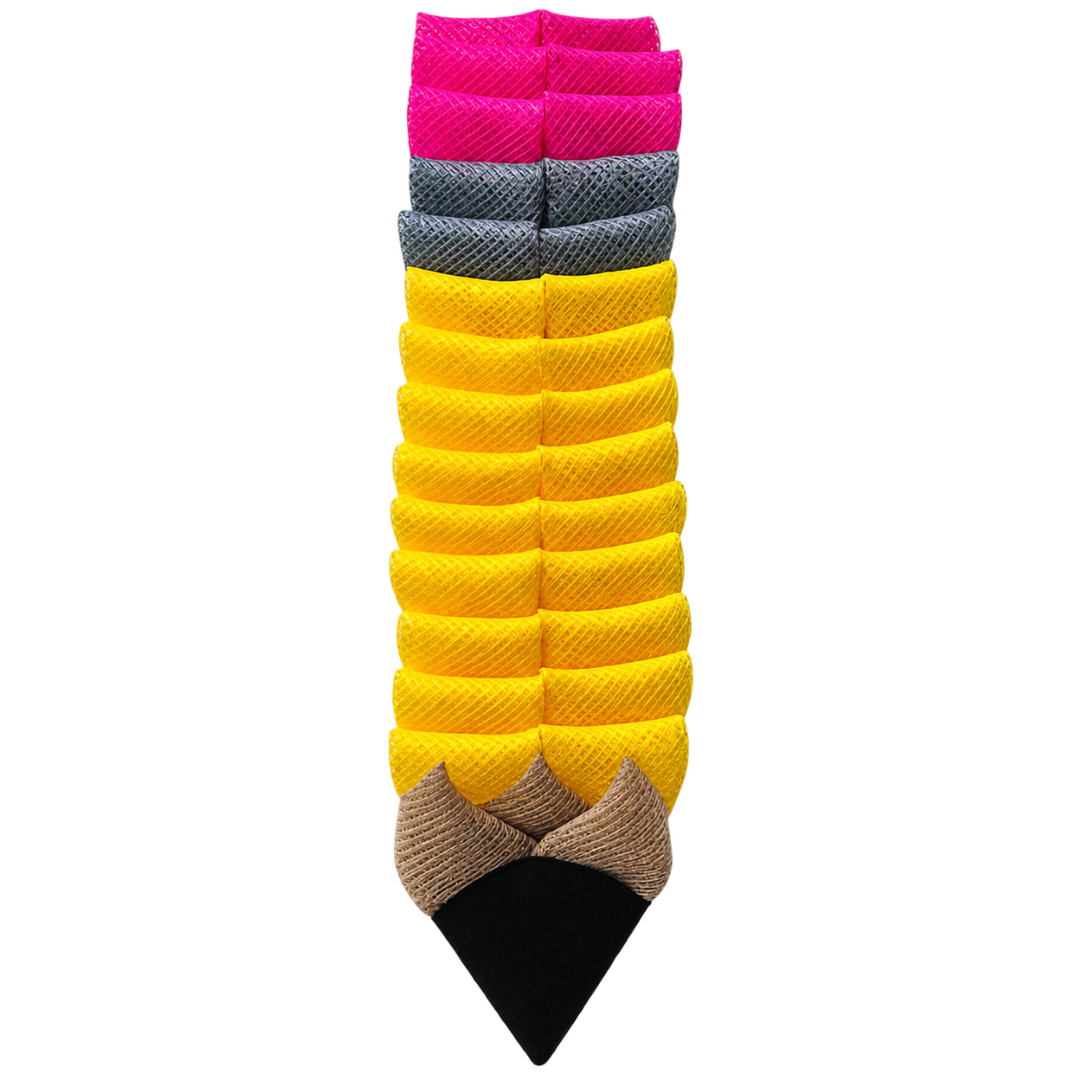A whimsical yellow, grey and pink deco mesh pencil wreath accented with a black felt tip by Monkey's Creations. 