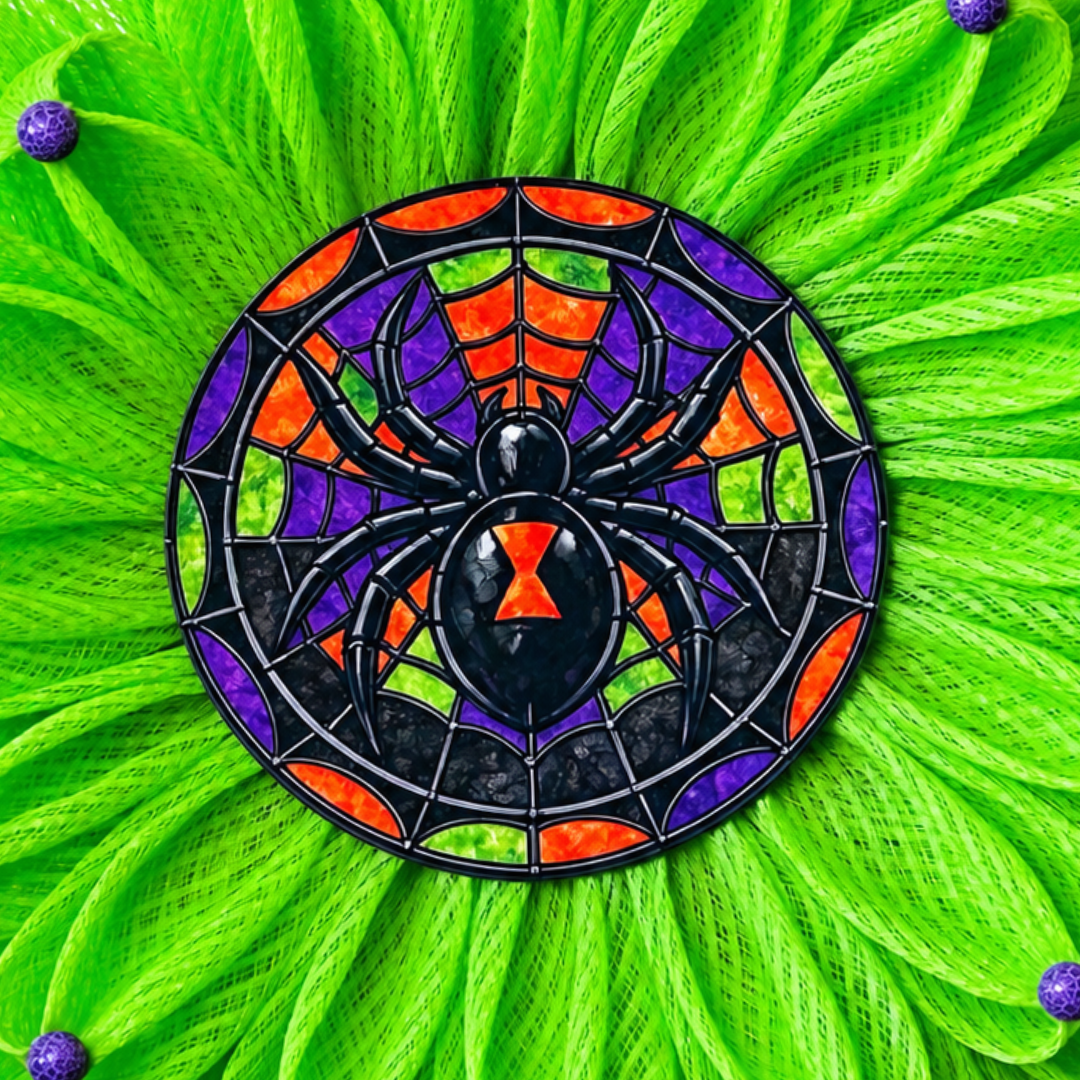 Spooky stained glass spider inspired green deco mesh flower wreath with a purple, orange and green stained glass spider metal wreath center and wood beaded flower accents by Monkey's Creations. 