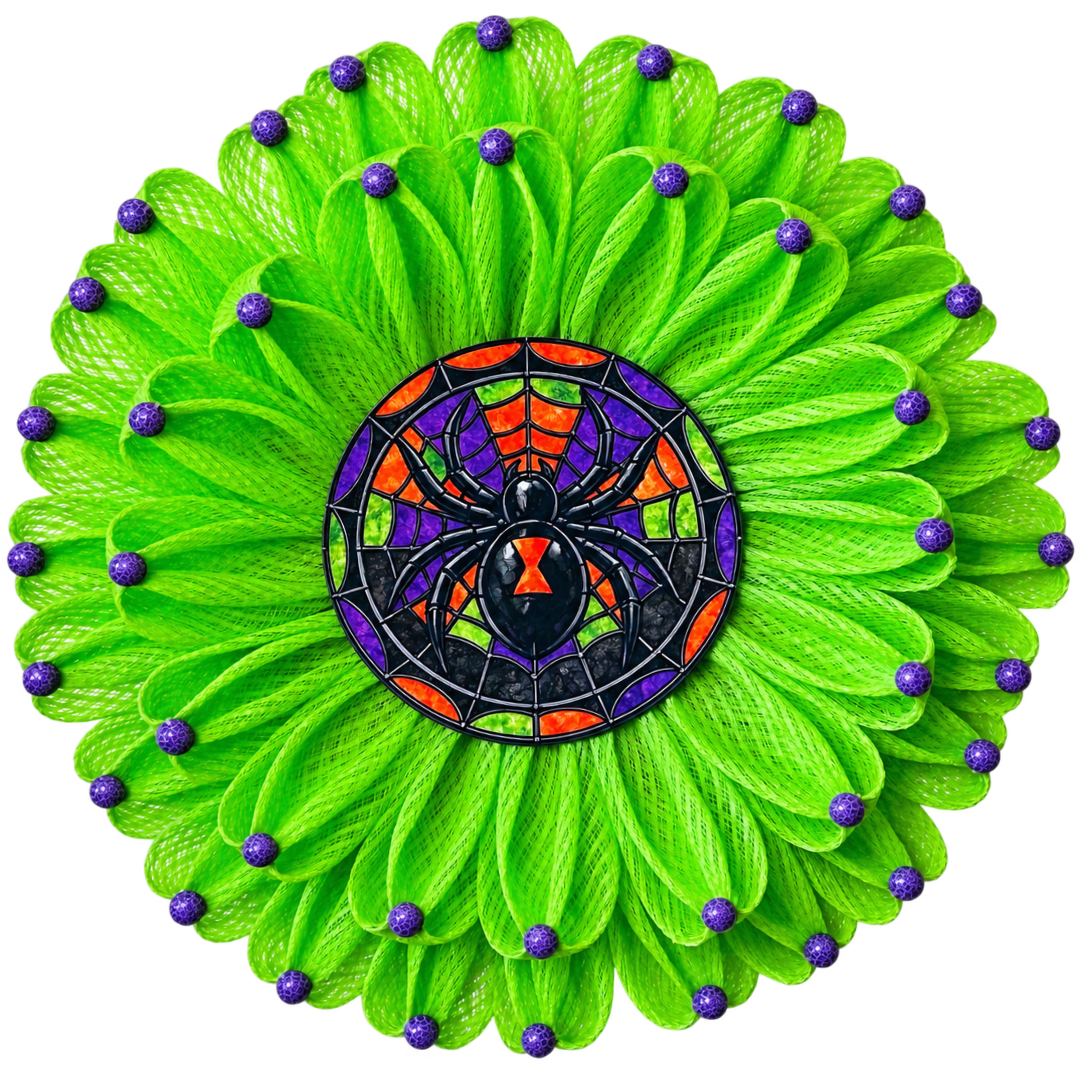 Spooky stained glass spider inspired green deco mesh flower wreath with a purple, orange and green stained glass spider metal wreath center and wood beaded flower accents by Monkey's Creations. 