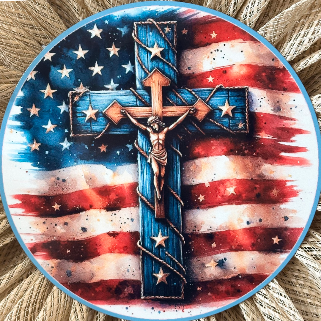 Crucifix and USA flag themed wreath sign