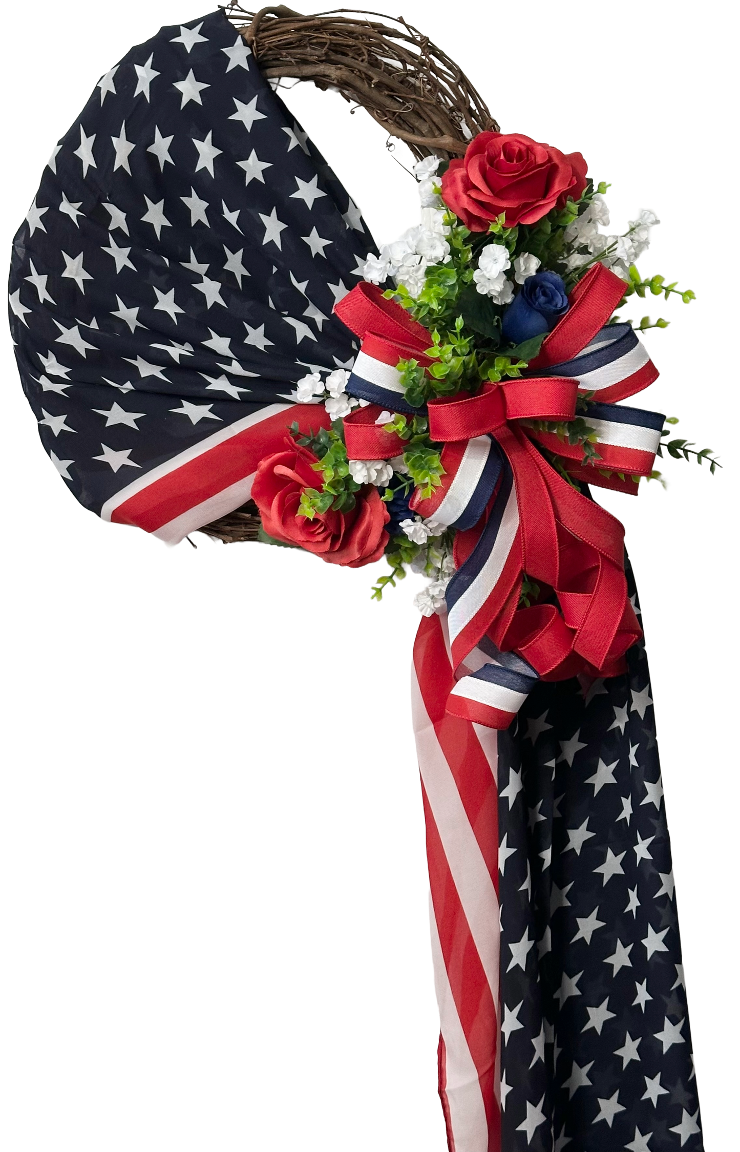 Stars and Stripes draped grapevine with red white and blue flowers and ribbon