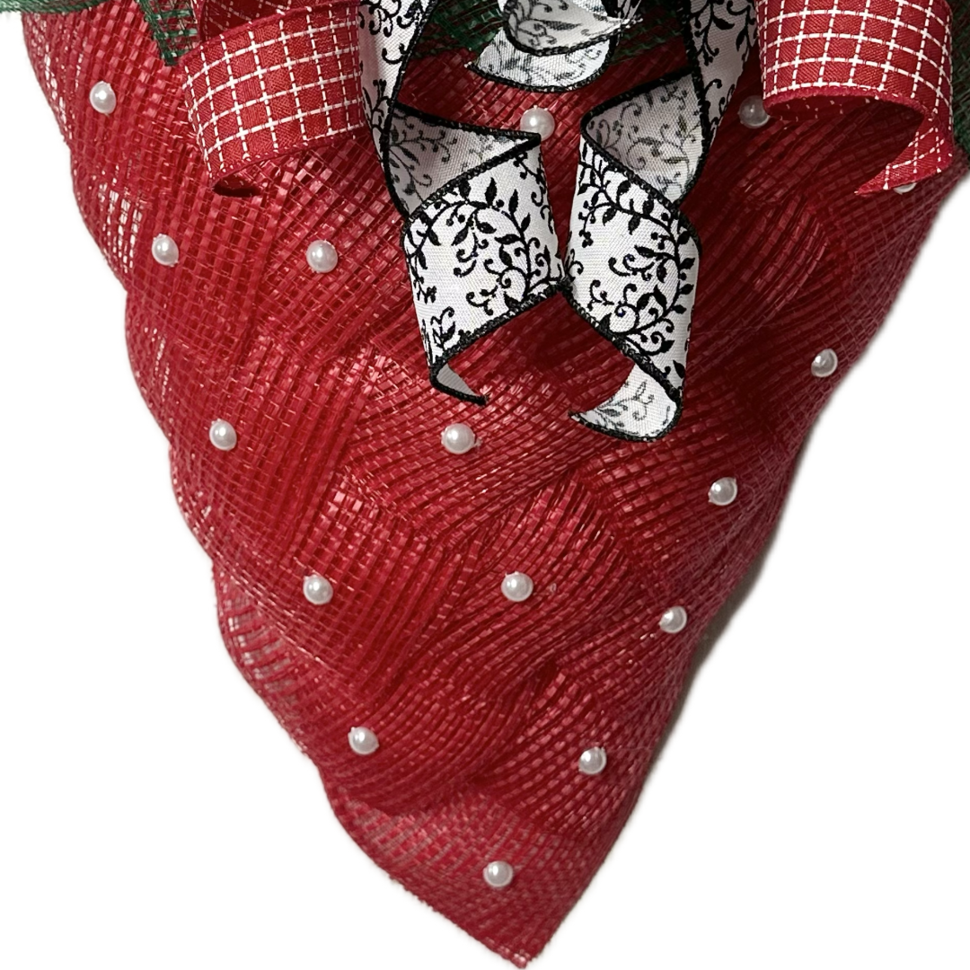 Red deco mesh with white pearl beads 