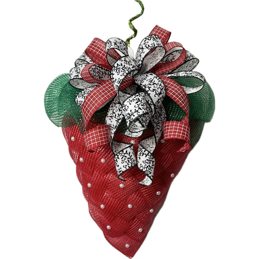 Deco mesh strawberry with a red black and white bow 