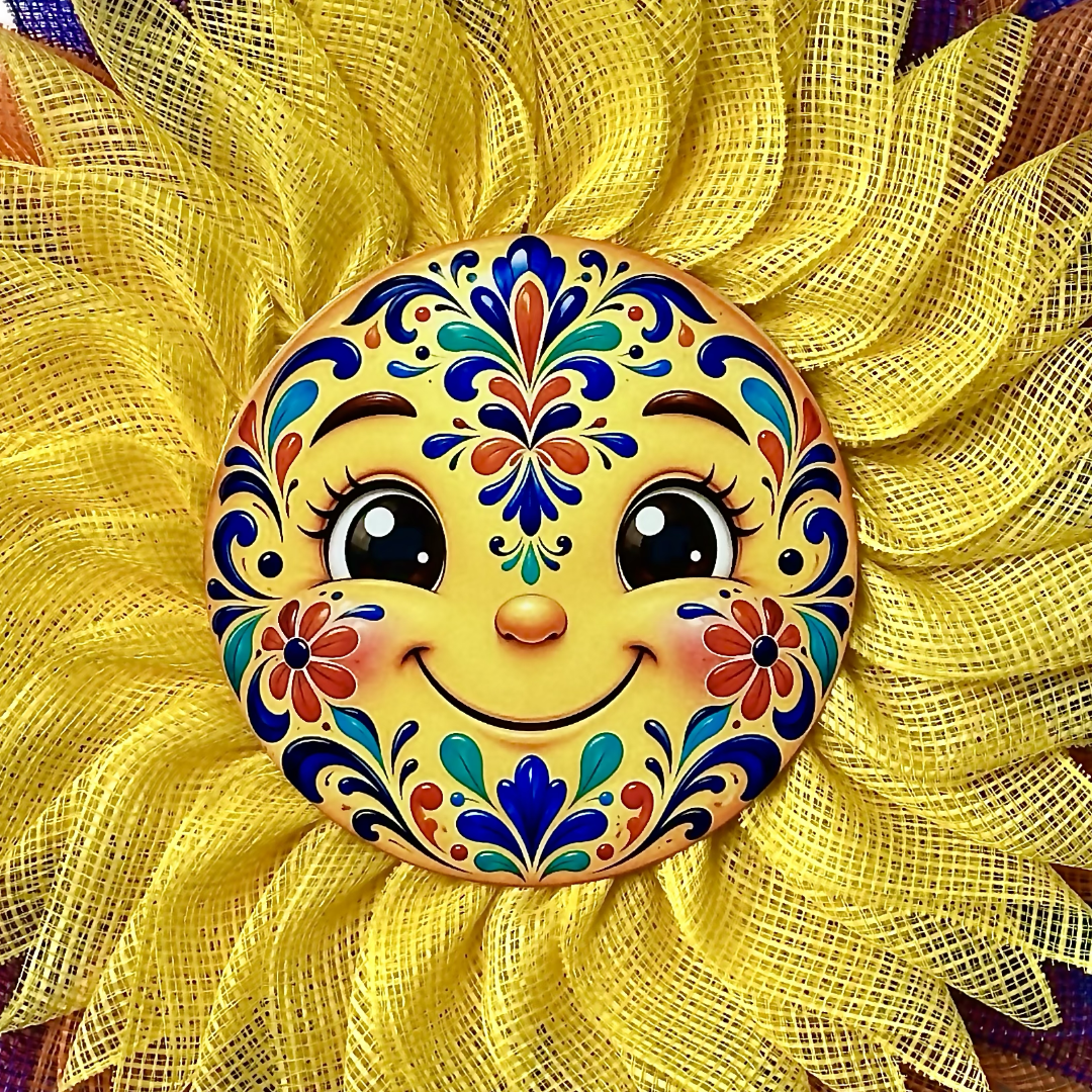 A deco mesh talavera sun character center flower wreath made from yellow, blue, and orange deco mesh by Monkey's Creations. 