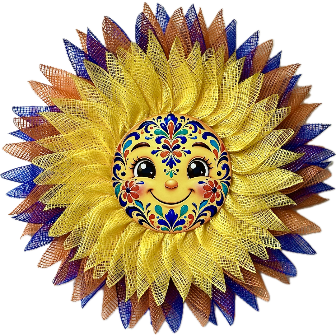 A deco mesh talavera sun character center flower wreath made from yellow, blue, and orange deco mesh by Monkey's Creations. 