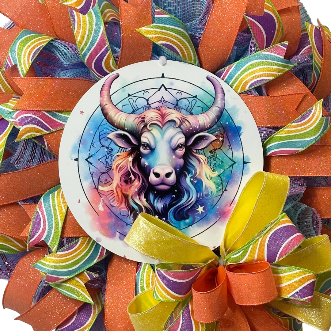 Taurus zodiac sign by Monkey's Creations featuring a bull wreath sign, a colorful combination of deco mesh and ribbon and a big ribbon bow.
