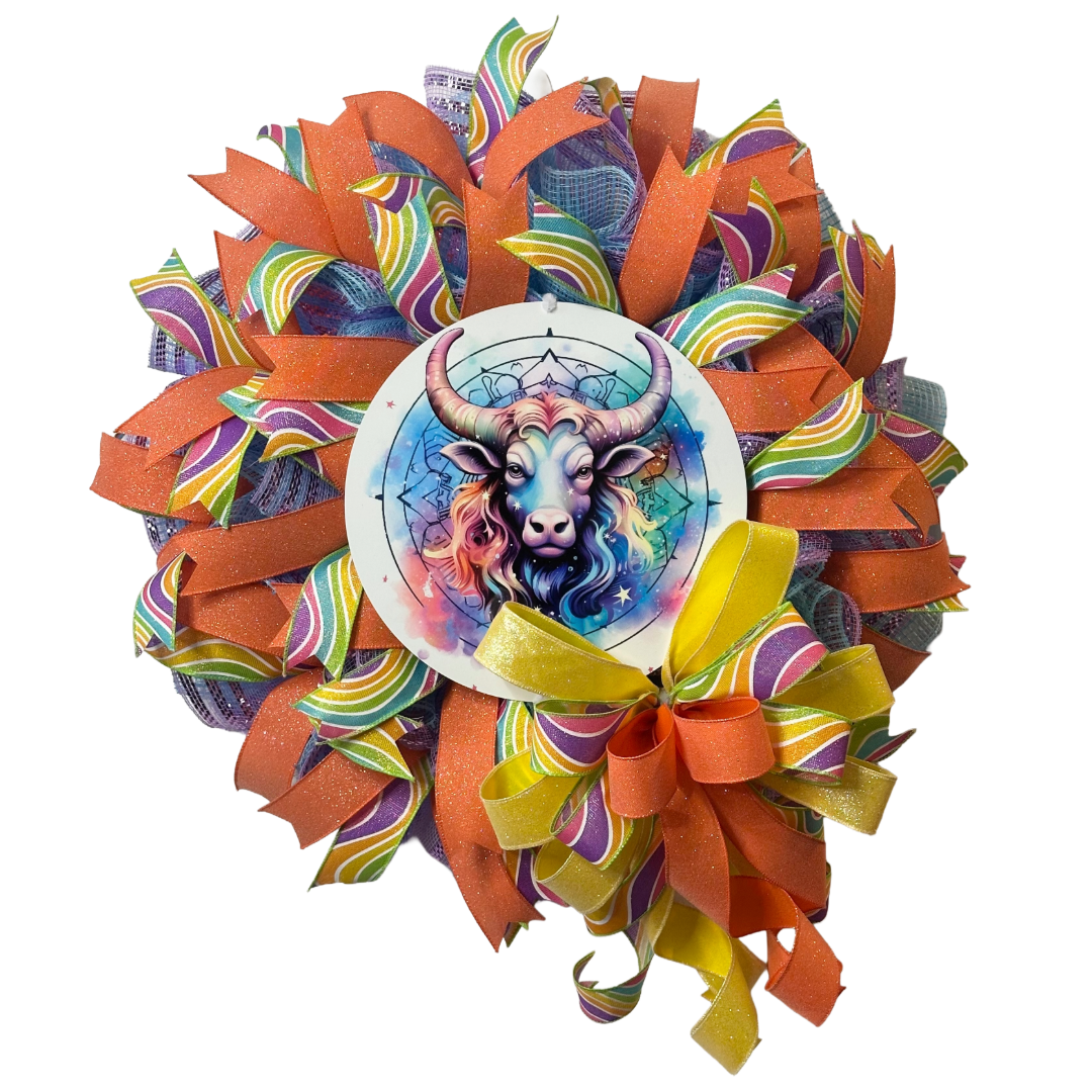 Taurus zodiac sign by Monkey's Creations featuring a bull wreath sign, a colorful combination of deco mesh and ribbon and a big ribbon bow.