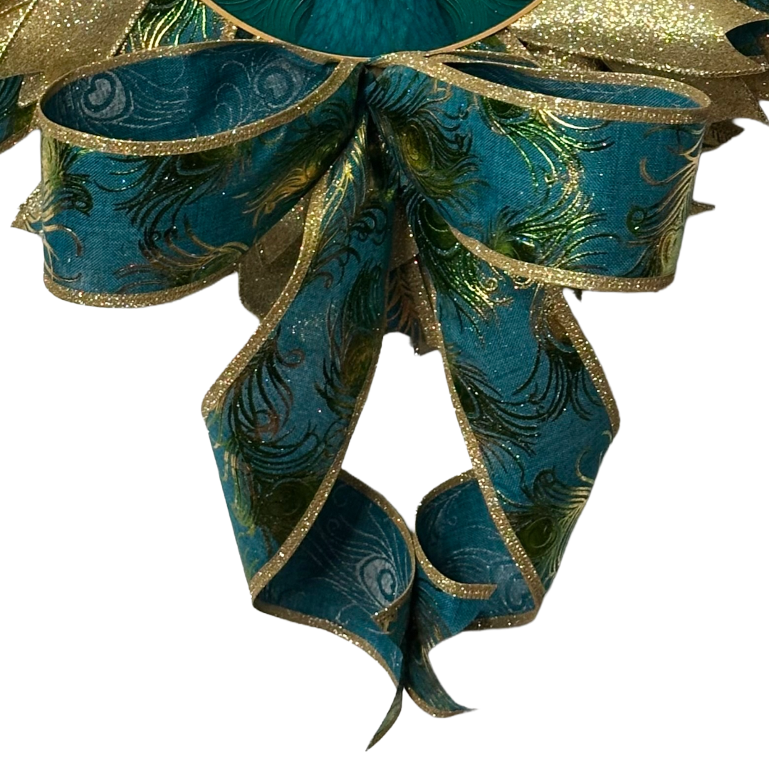 Peacock themed ribbon wreath featuring a teal and gold peacock metal wreath sign by Monkey's Creations