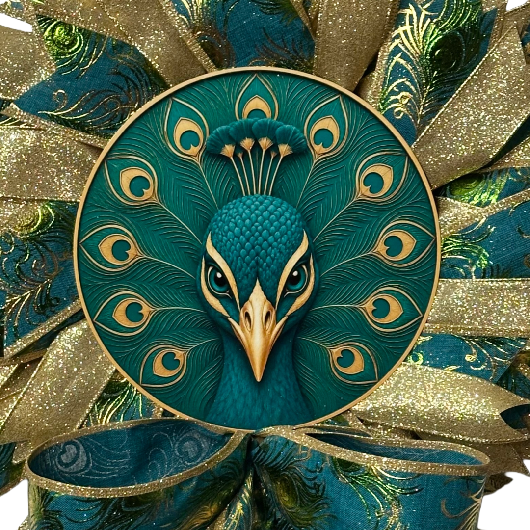 Peacock themed ribbon wreath featuring a teal and gold peacock metal wreath sign by Monkey's Ceations.