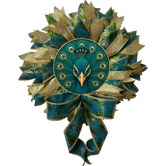 Peacock themed ribbon wreath featuring a teal and gold peacock metal wreath sign by Monkey's Ceations.