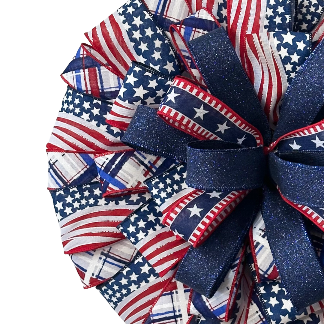 Patriotic ribbon wreath featuring traditional red white and blue and stars and stripes by Monkey's Creations